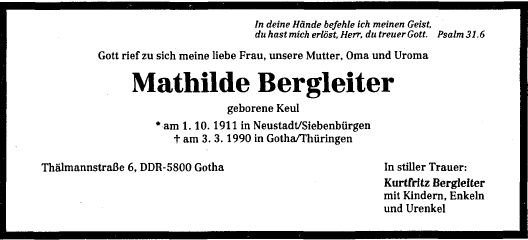 Keul Mathilde 1911-1990 Todesanzeige